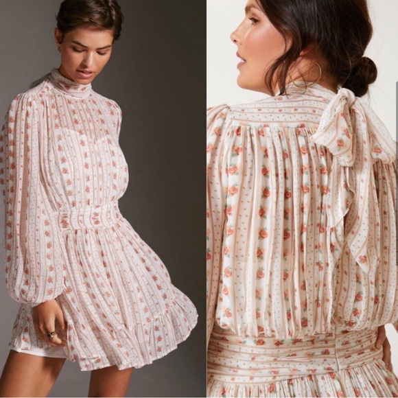 Anthropologie Let Me Be Pink Floral Combo Tie Mockneck Sheer Minidress with Slip - Picture 2 of 8